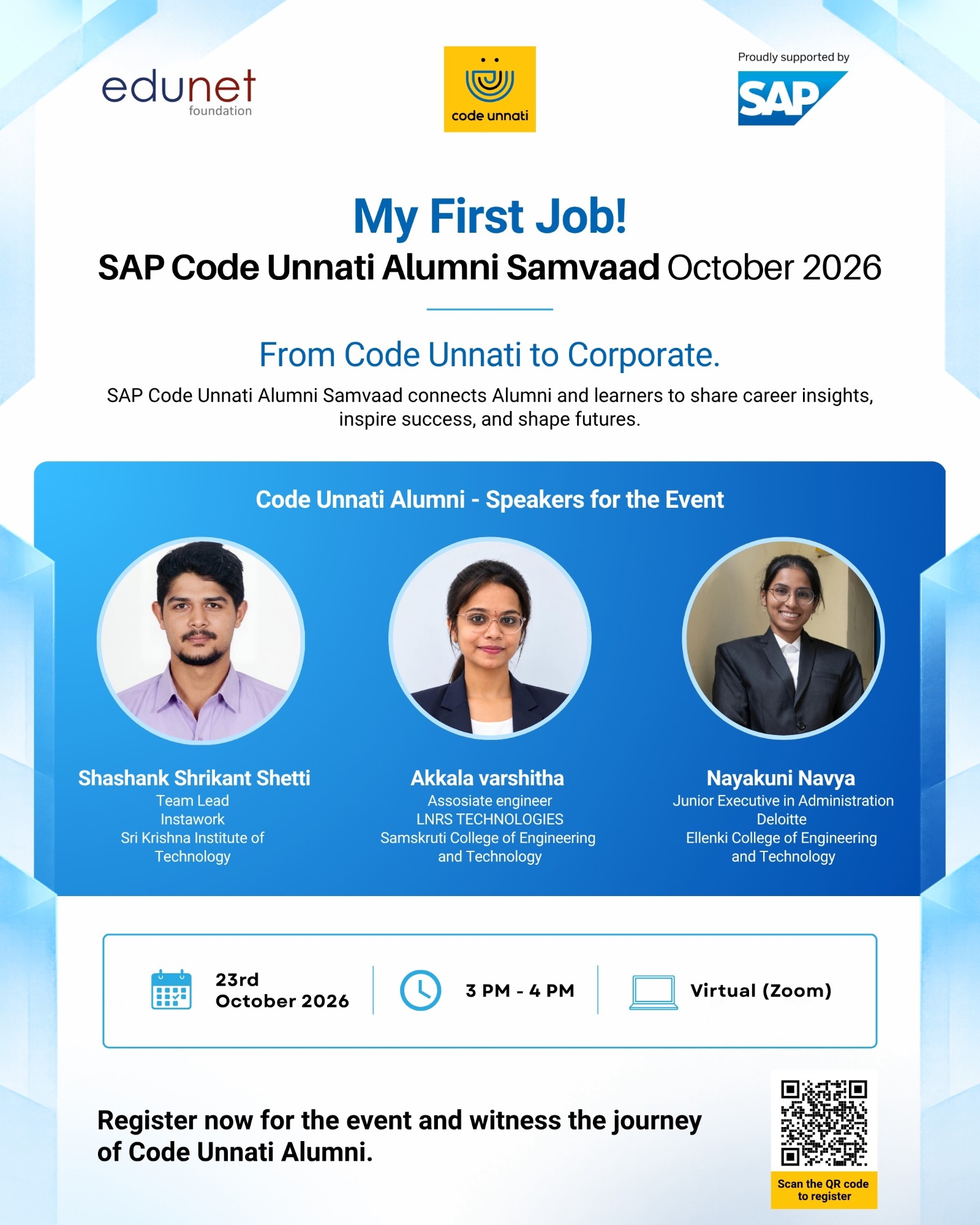 My First Job! SAP Code Unnati Alumni Samvaad - 23rd October 2026, 3 PM - 4 PM, Virtual (Zoom)